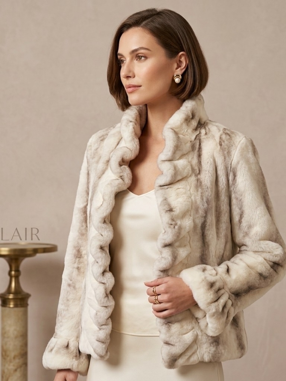 Fabulous Furs Donna Salyers Ivory Faux Fur Ruffle Open-Front Jacket